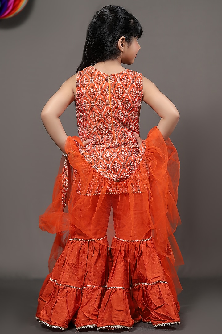 Rust Orange Embroidered Sharara Set For Girls by Kirti Agarwal Pret n Couture at Pernia's Pop Up Shop