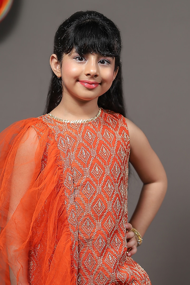 Rust Orange Embroidered Sharara Set For Girls by Kirti Agarwal Pret n Couture at Pernia's Pop Up Shop