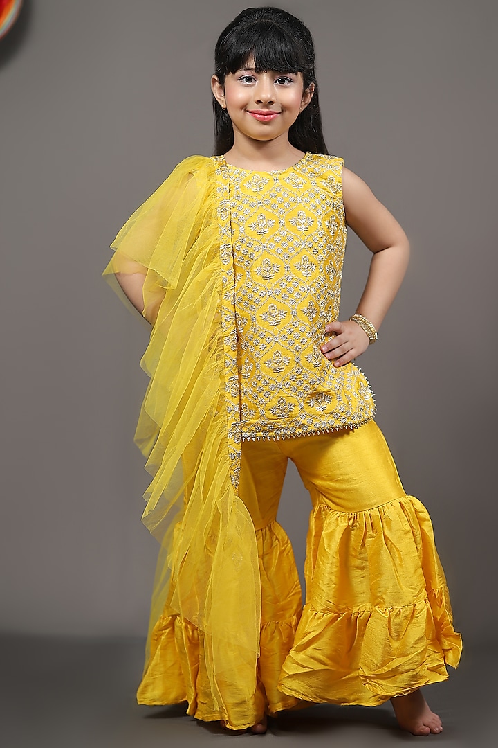 Yellow Silk Sharara Set For Girls by  Kirti Agarwal Pret n Couture at Pernia's Pop Up Shop