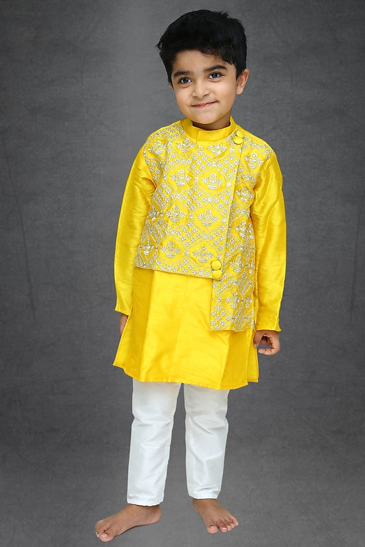 Yellow Cotton Silk Kurta Set For Boys by  Kirti Agarwal Pret n Couture
