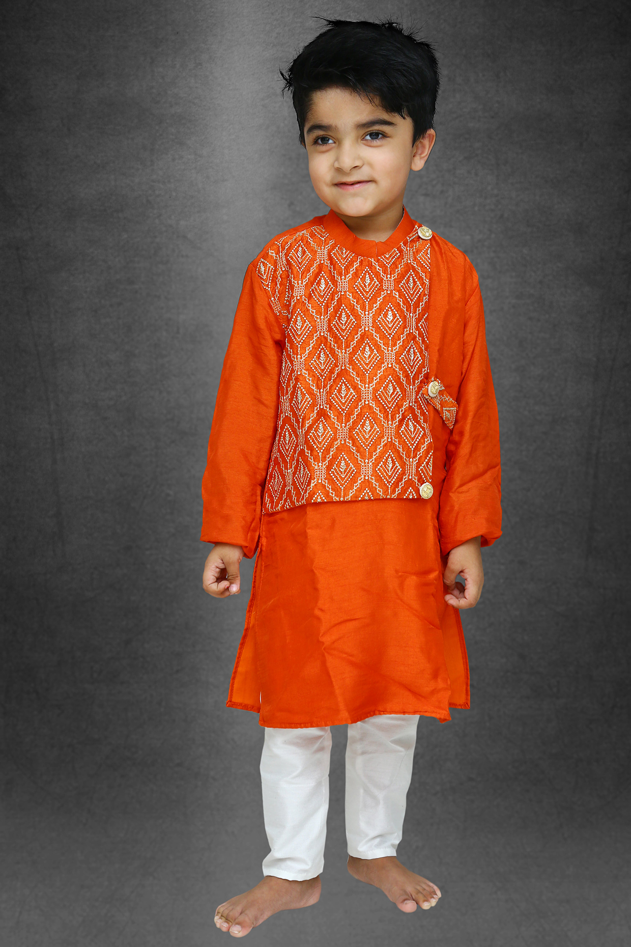 Rust Orange Silk Kurta Set For Boys by  Kirti Agarwal Pret n Couture at Pernia's Pop Up Shop