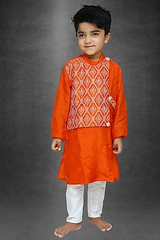 Rust Orange Silk Kurta Set For Boys by  Kirti Agarwal Pret n Couture