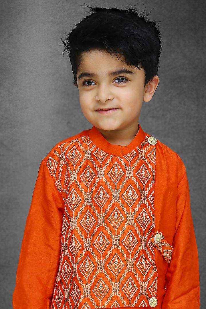 Rust Orange Silk Kurta Set For Boys by Kirti Agarwal Pret n Couture at Pernia's Pop Up Shop