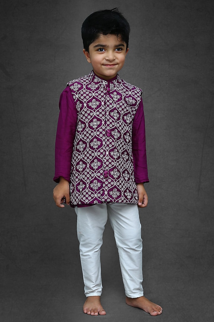 Purple Silk Kurta Set With Embroidered Jacket For Boys by Kirti Agarwal Pret n Couture at Pernia's Pop Up Shop