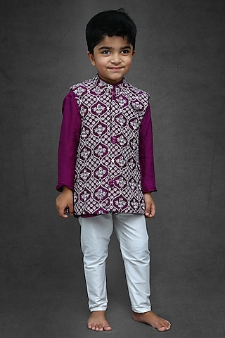Purple Silk Kurta Set With Embroidered Jacket For Boys by  Kirti Agarwal Pret n Couture