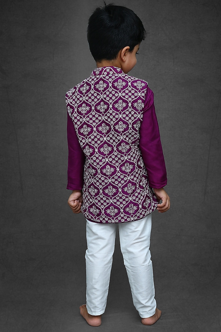 Purple Silk Kurta Set With Embroidered Jacket For Boys by  Kirti Agarwal Pret n Couture at Pernia's Pop Up Shop