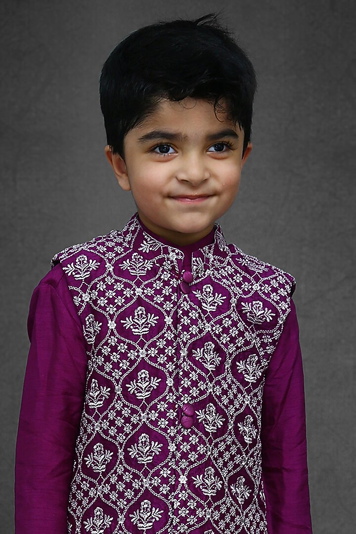 Purple Silk Kurta Set With Embroidered Jacket For Boys by  Kirti Agarwal Pret n Couture at Pernia's Pop Up Shop