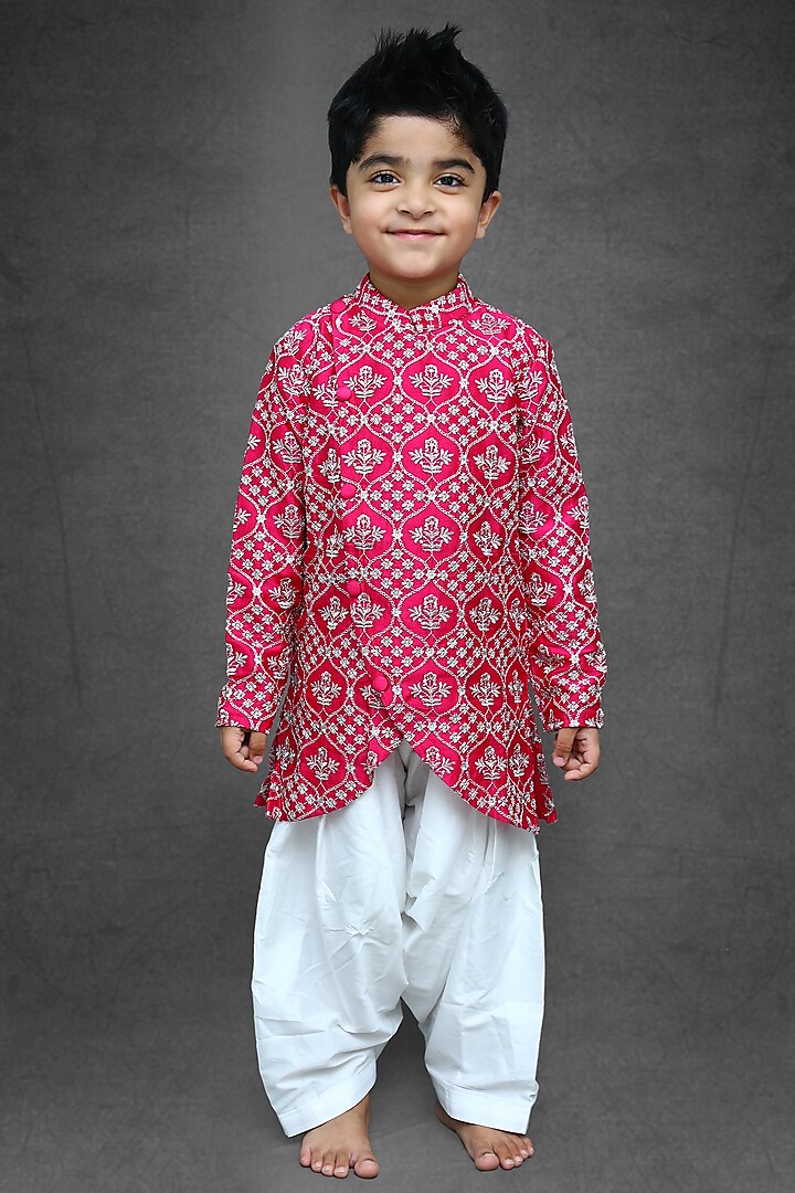 Fuchsia Pink Embroidered Sherwani Set For Boys by  Kirti Agarwal Pret n Couture