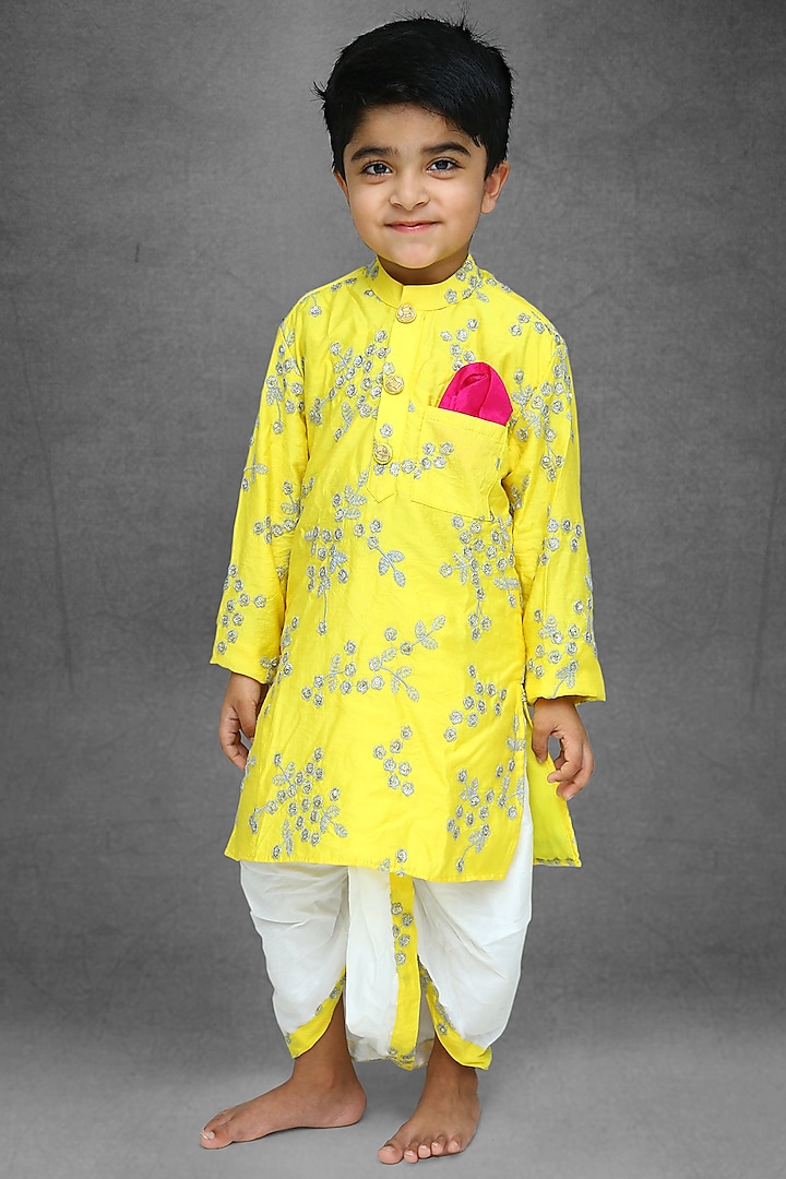 Yellow Embroidered Kurta Set For Boys by  Kirti Agarwal Pret n Couture