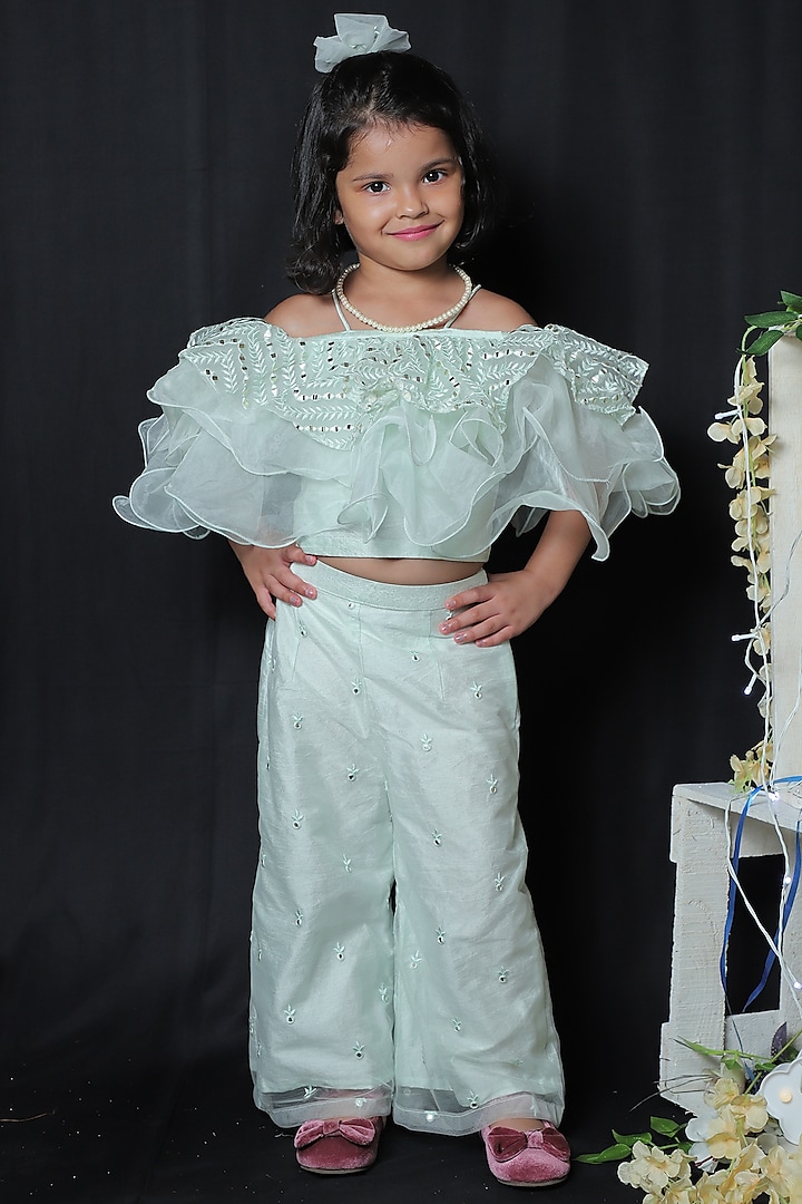 Mint Green Embroidered Palazzo Pant Set For Girls by  Kirti Agarwal Pret n Couture