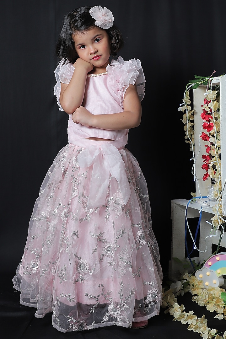 Baby Pink Organza Lehenga Set For Girls by  Kirti Agarwal Pret n Couture