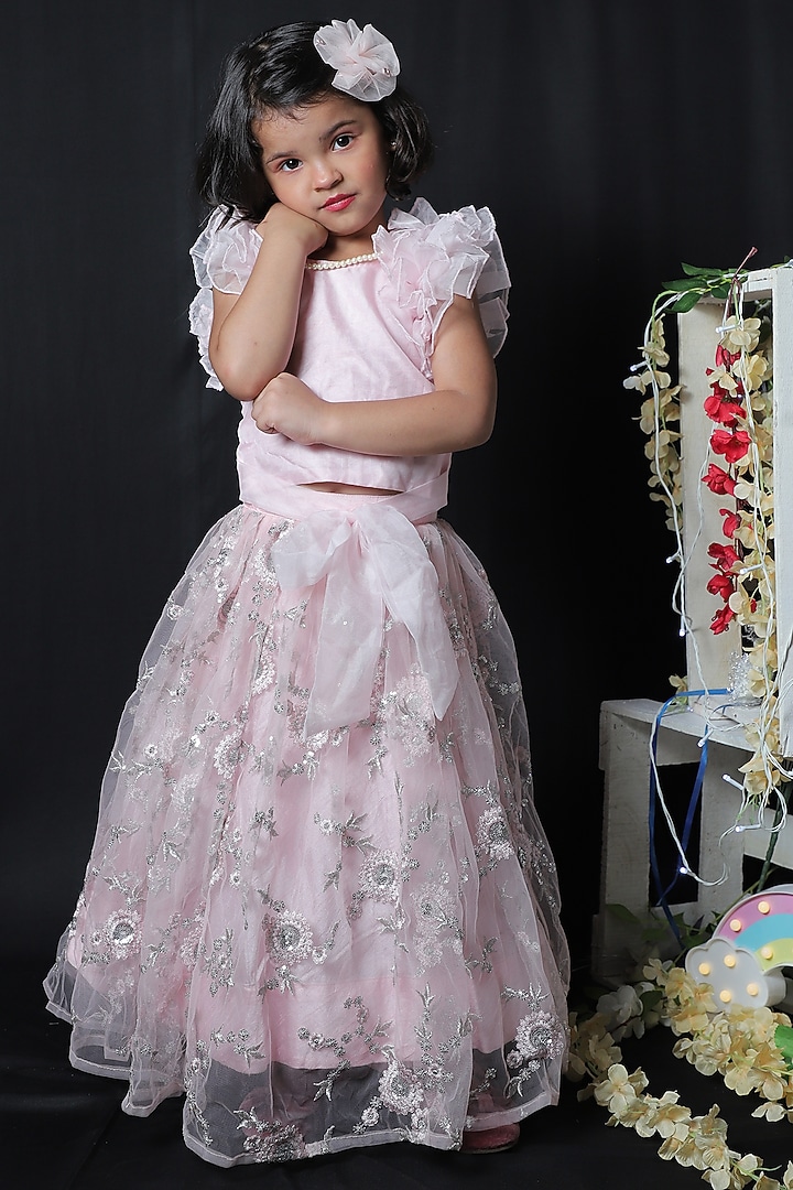 Baby Pink Organza Lehenga Set For Girls by Kirti Agarwal Pret n Couture at Pernia's Pop Up Shop