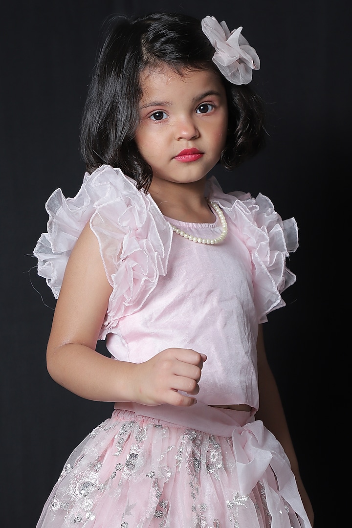 Baby Pink Organza Lehenga Set For Girls by Kirti Agarwal Pret n Couture at Pernia's Pop Up Shop