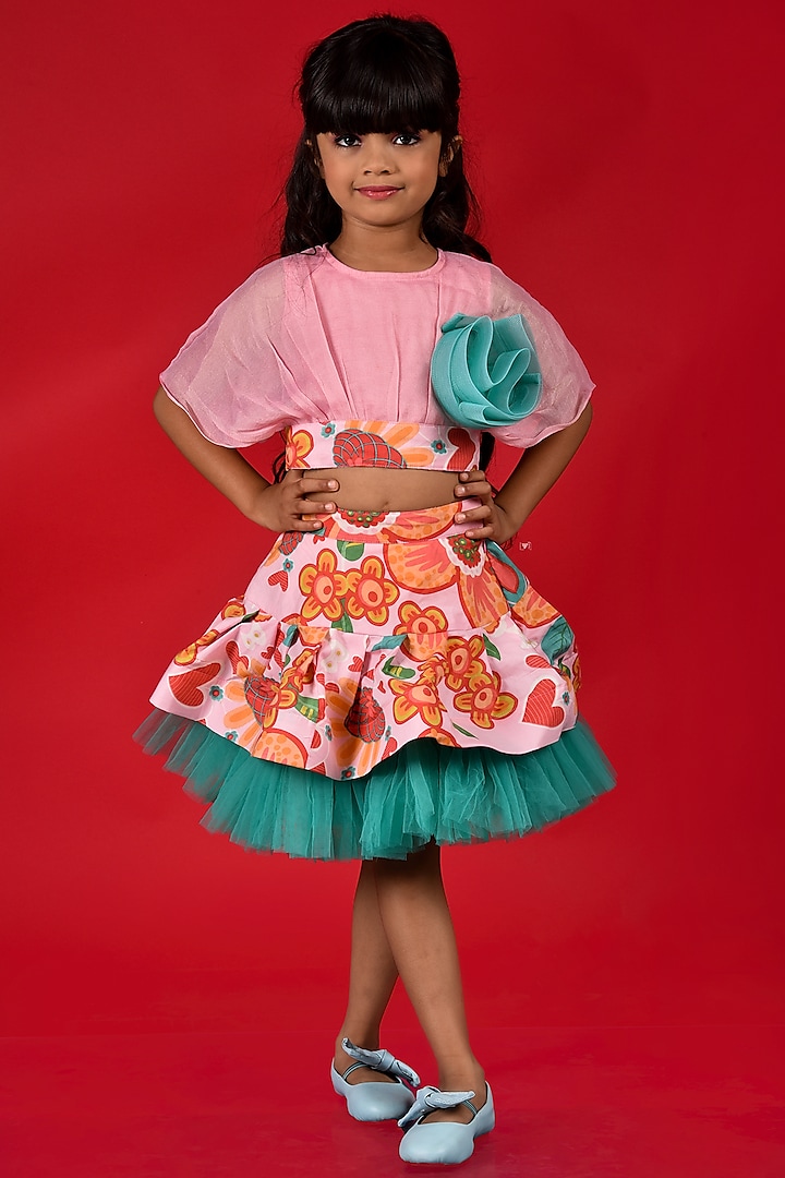 Pink & Green Frilled Skirt Set For Girls by  Kirti Agarwal Pret n Couture
