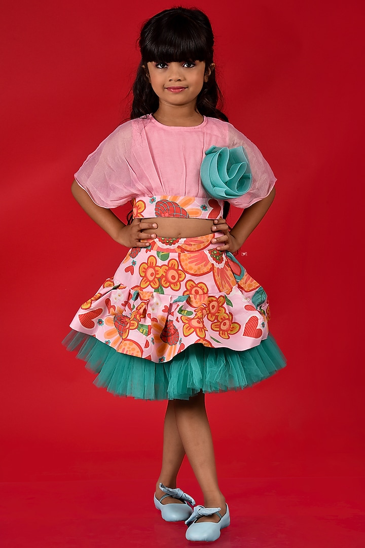 Pink & Green Frilled Skirt Set For Girls by  Kirti Agarwal Pret n Couture at Pernia's Pop Up Shop