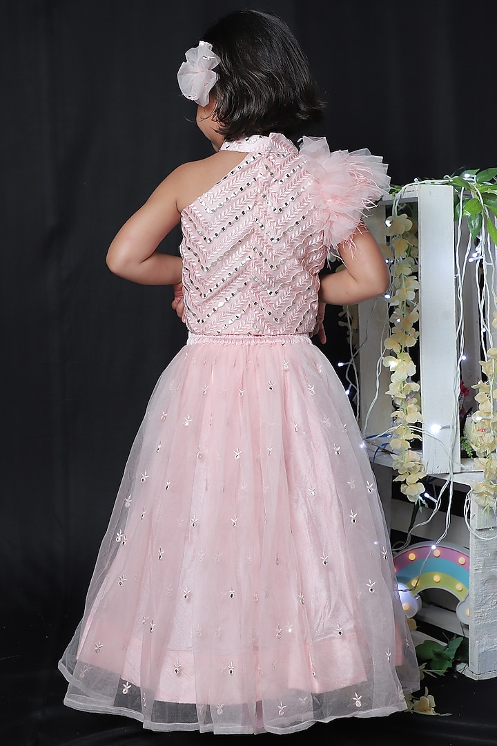 Peach Net Lehenga Set For Girls by Kirti Agarwal Pret n Couture at Pernia's Pop Up Shop