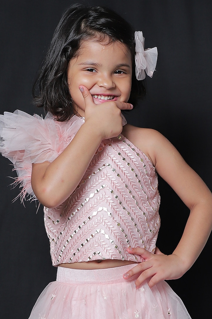 Peach Net Lehenga Set For Girls by Kirti Agarwal Pret n Couture at Pernia's Pop Up Shop