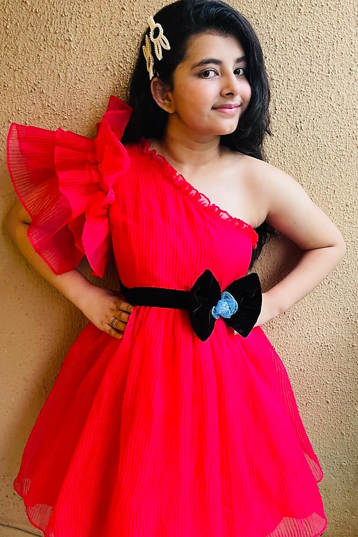 Red One-Shoulder Frock For Girls by Kirti Agarwal Pret n Couture at Pernia's Pop Up Shop