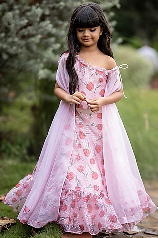 Red & Peach Organza Lehenga Set For Girls by Kirti Agarwal Pret n Couture