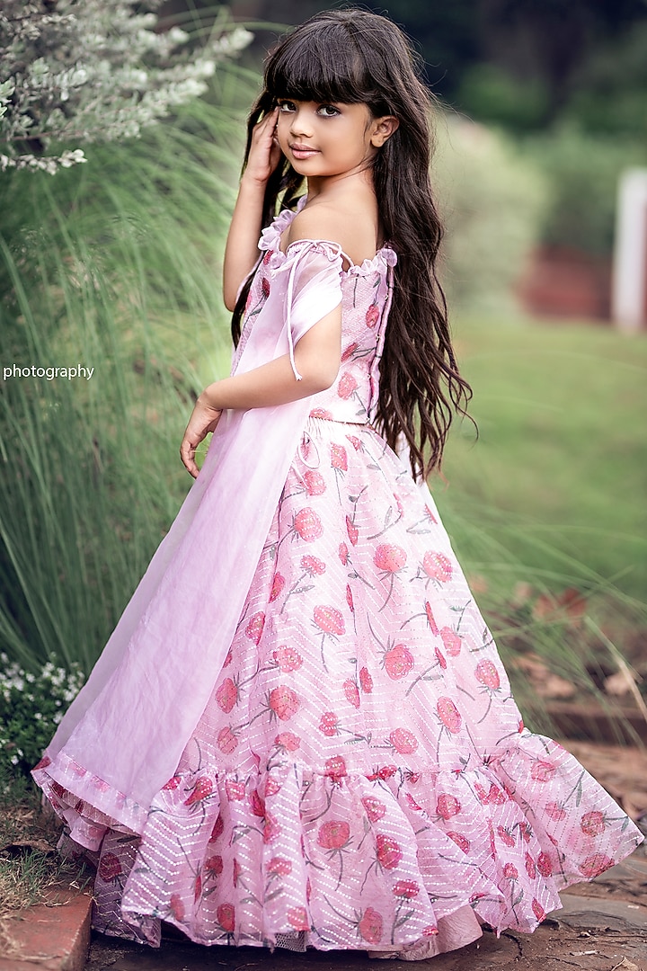Red & Peach Organza Lehenga Set For Girls by Kirti Agarwal Pret n Couture at Pernia's Pop Up Shop