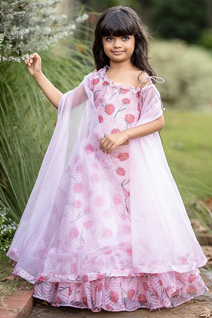 Red & Peach Organza Lehenga Set For Girls by Kirti Agarwal Pret n Couture at Pernia's Pop Up Shop