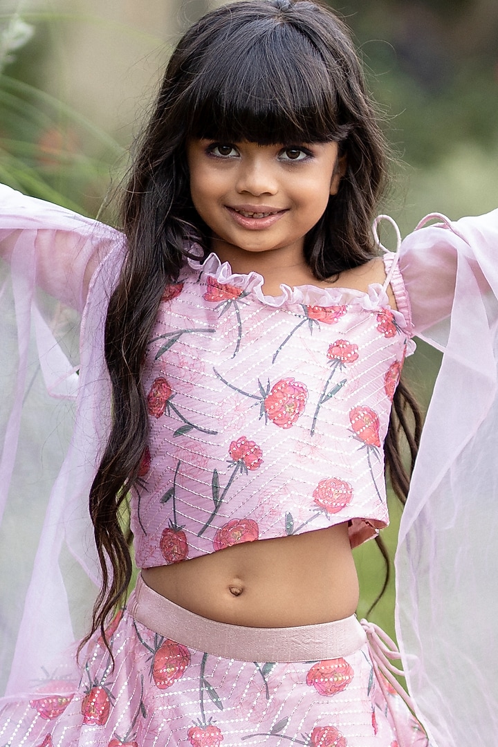Red & Peach Organza Lehenga Set For Girls by Kirti Agarwal Pret n Couture at Pernia's Pop Up Shop