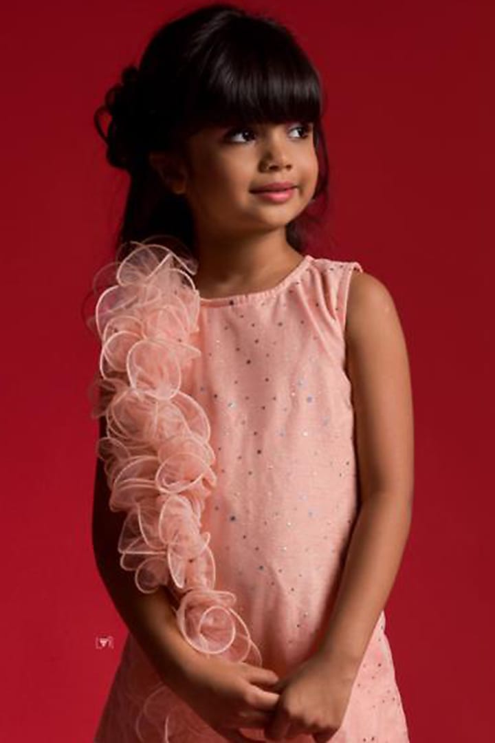 Peach Frilled Frock For Girls by Kirti Agarwal Pret n Couture at Pernia's Pop Up Shop