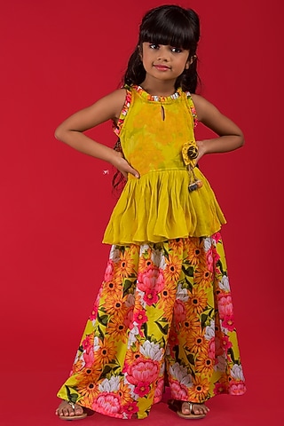Yellow Printed Palazzo Pant Set For Girls by Kirti Agarwal Pret n Couture