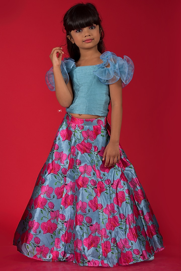 Blue & Pink Organza Lehenga Set For Girls by  Kirti Agarwal Pret n Couture at Pernia's Pop Up Shop