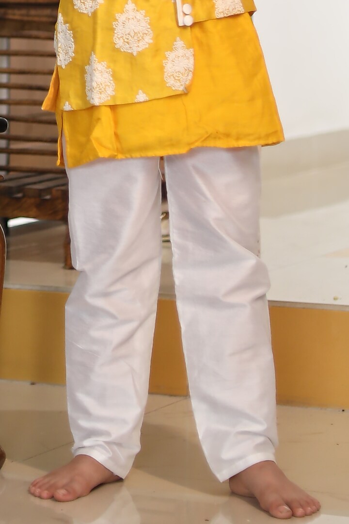 Yellow & White Silk & Cotton Silk Embroidered Bundi Jacket Set For Boys by Kirti Agarwal Pret n Couture at Pernia's Pop Up Shop