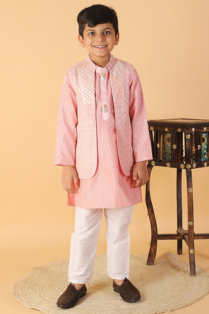 Peach Chanderi Bundi Jacket With Kurta Set For Boys by  Kirti Agarwal Pret n Couture