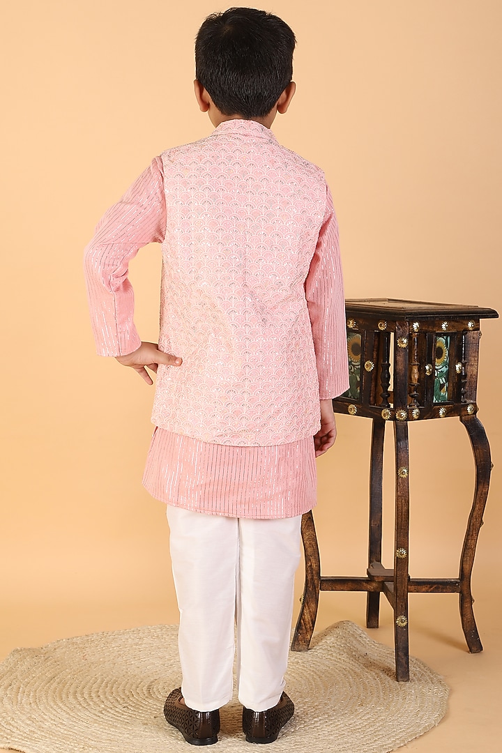 Peach Silk & Cotton Silk Embroidered Bundi Jacket Set For Boys by Kirti Agarwal Pret n Couture at Pernia's Pop Up Shop