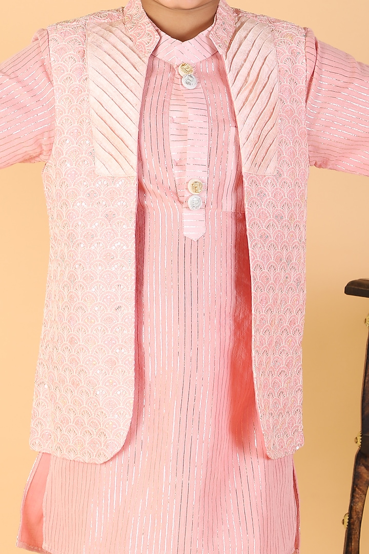 Peach Silk & Cotton Silk Embroidered Bundi Jacket Set For Boys by Kirti Agarwal Pret n Couture at Pernia's Pop Up Shop