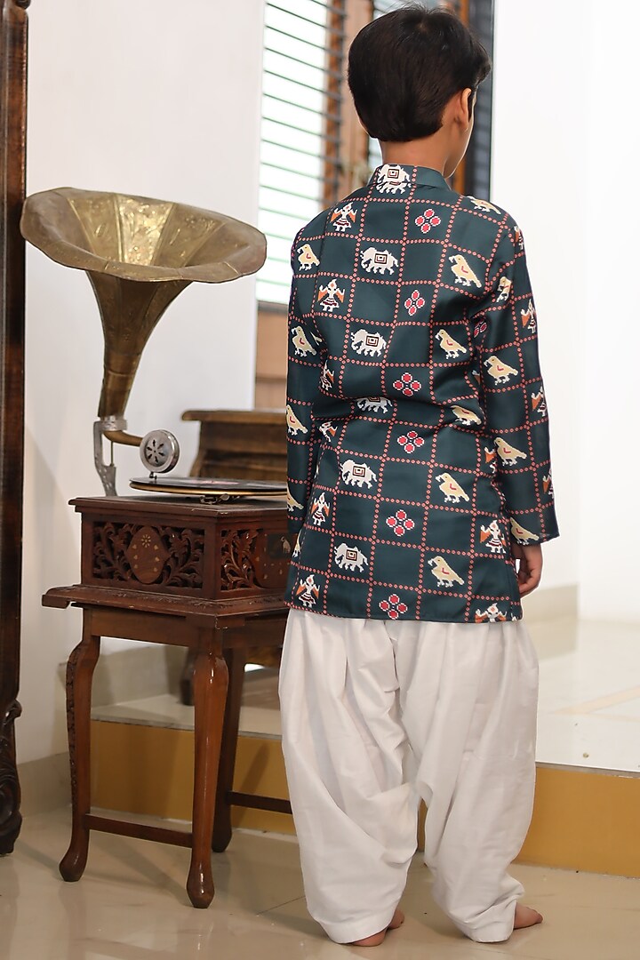 Dark Green Cotton Silk & Cotton Satin Printed Kurta Set For Boys by Kirti Agarwal Pret n Couture at Pernia's Pop Up Shop