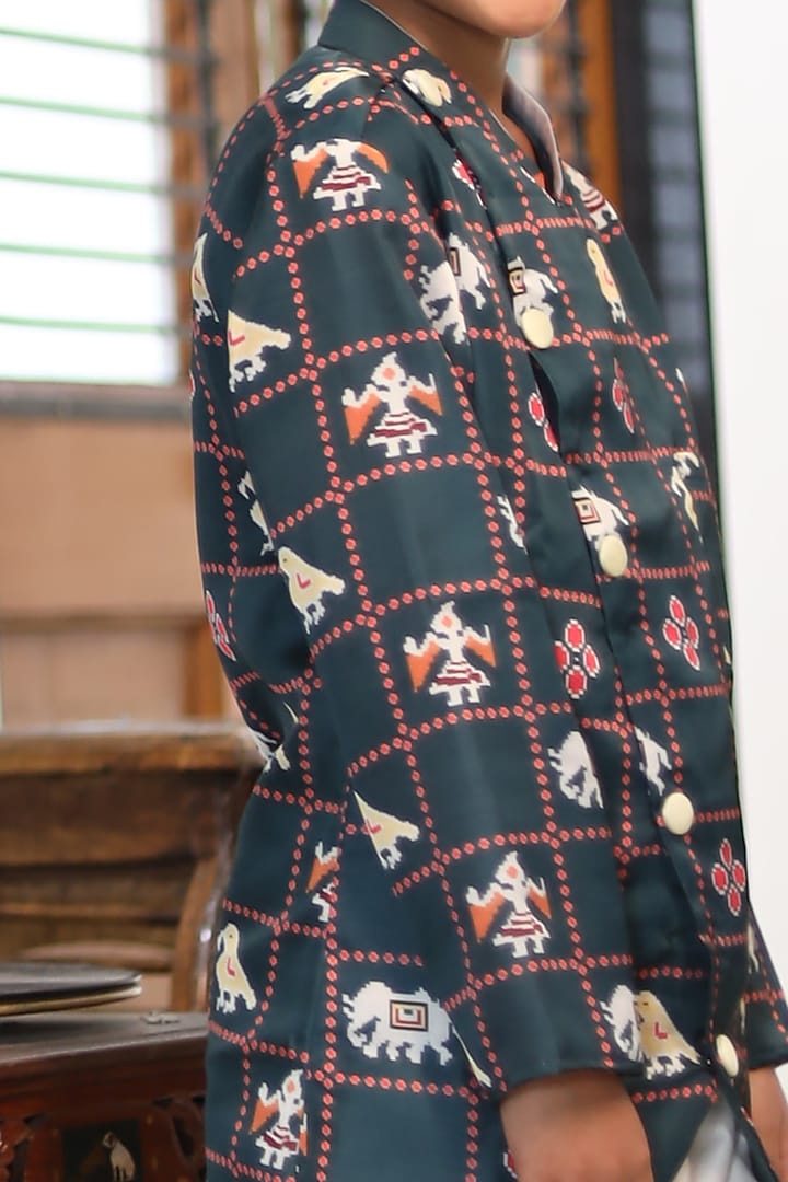Dark Green Cotton Silk & Cotton Satin Printed Kurta Set For Boys by Kirti Agarwal Pret n Couture at Pernia's Pop Up Shop