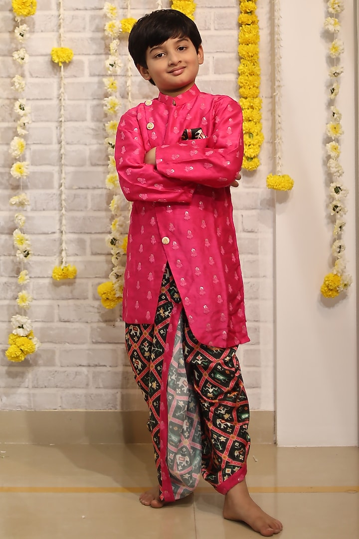 Pink Dola Silk & Cotton Satin Embroidered Kurta Set For Boys by Kirti Agarwal Pret n Couture at Pernia's Pop Up Shop