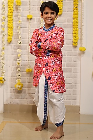 Peach Cotton Silk & Modal Satin Printed Kurta Set For Boys by Kirti Agarwal Pret n Couture