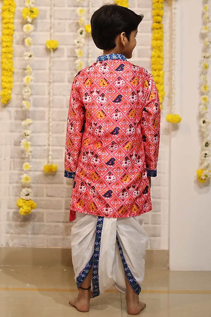 Peach Cotton Silk & Modal Satin Printed Kurta Set For Boys by Kirti Agarwal Pret n Couture at Pernia's Pop Up Shop