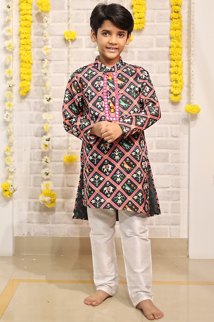 Dark Green Cotton Satin Printed & Embroidered Kurta For Boys by Kirti Agarwal Pret n Couture at Pernia's Pop Up Shop
