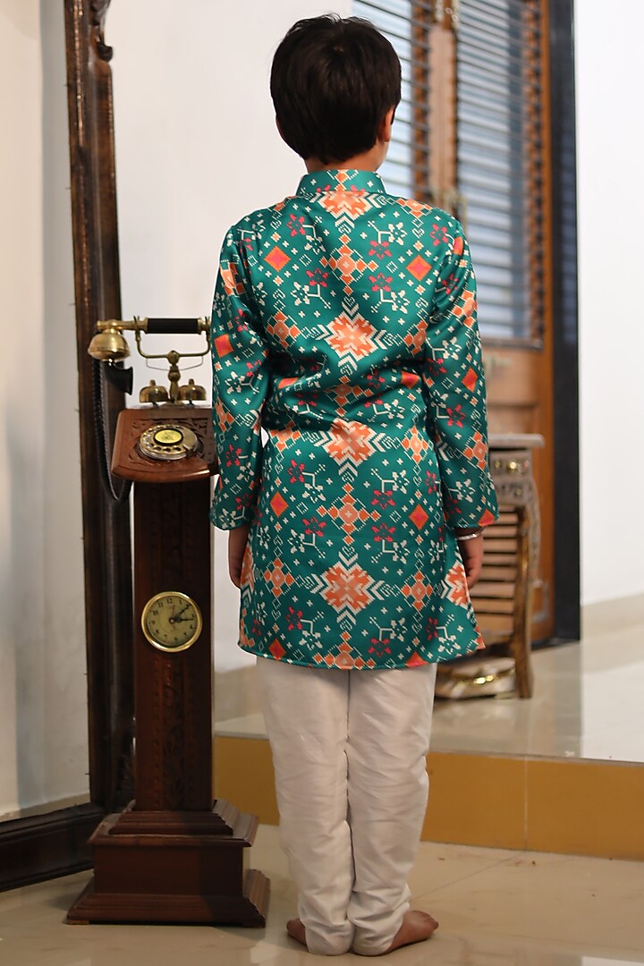 Dark Green Cotton Satin Printed & Embroidered Kurta For Boys by Kirti Agarwal Pret n Couture at Pernia's Pop Up Shop