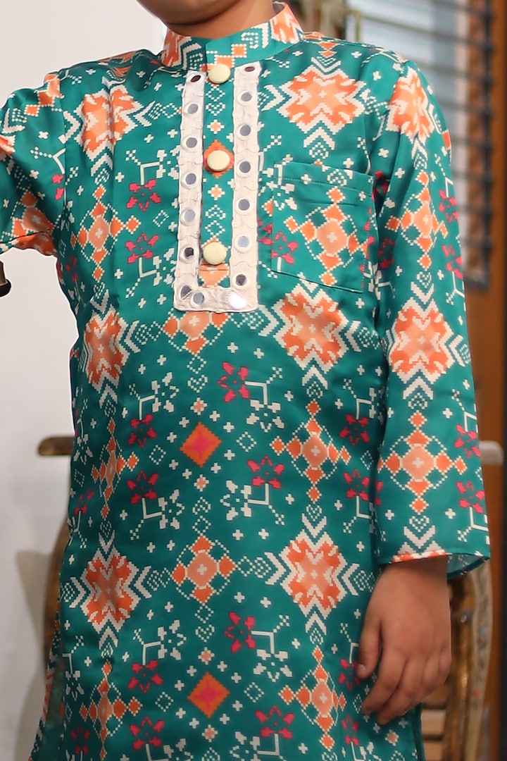 Dark Green Cotton Satin Printed & Embroidered Kurta For Boys by Kirti Agarwal Pret n Couture at Pernia's Pop Up Shop