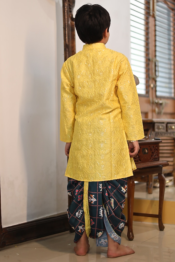 Yellow Cotton Satin & Chanderi Embroidered Kurta Set For Boys by Kirti Agarwal Pret n Couture at Pernia's Pop Up Shop