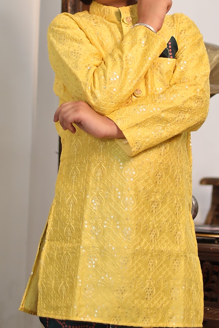 Yellow Cotton Satin & Chanderi Embroidered Kurta Set For Boys by Kirti Agarwal Pret n Couture at Pernia's Pop Up Shop