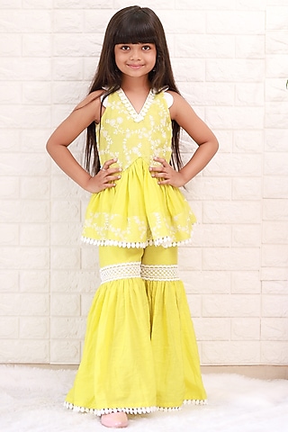 Lemon Green Chanderi Sharara Set For Girls by Kirti Agarwal Pret n Couture