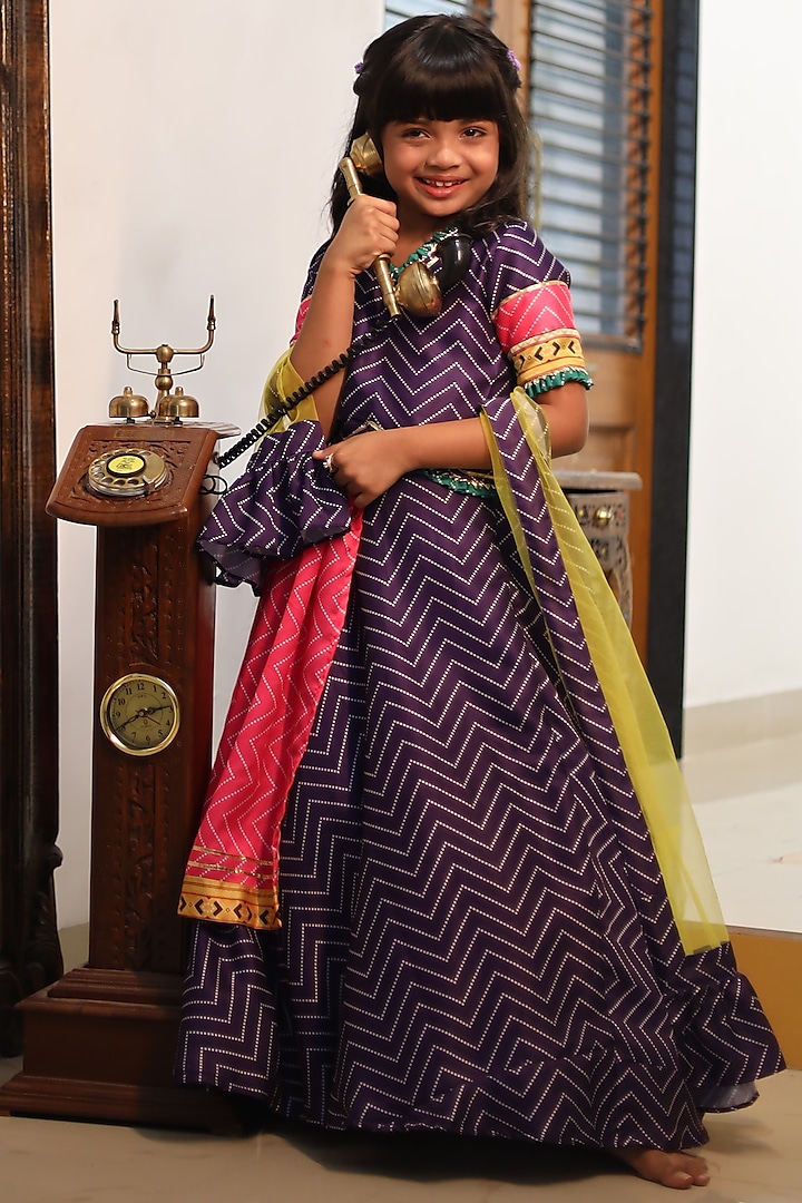 Purple Printed Lehenga Set For Girls by  Kirti Agarwal Pret n Couture