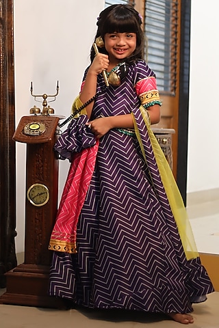 Purple Printed Lehenga Set For Girls by Kirti Agarwal Pret n Couture
