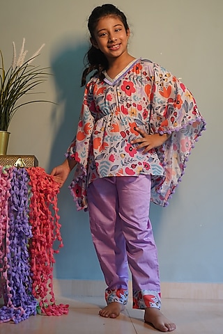 Lavender Floral Printed Kaftan Set For Girls by Kirti Agarwal Pret n Couture