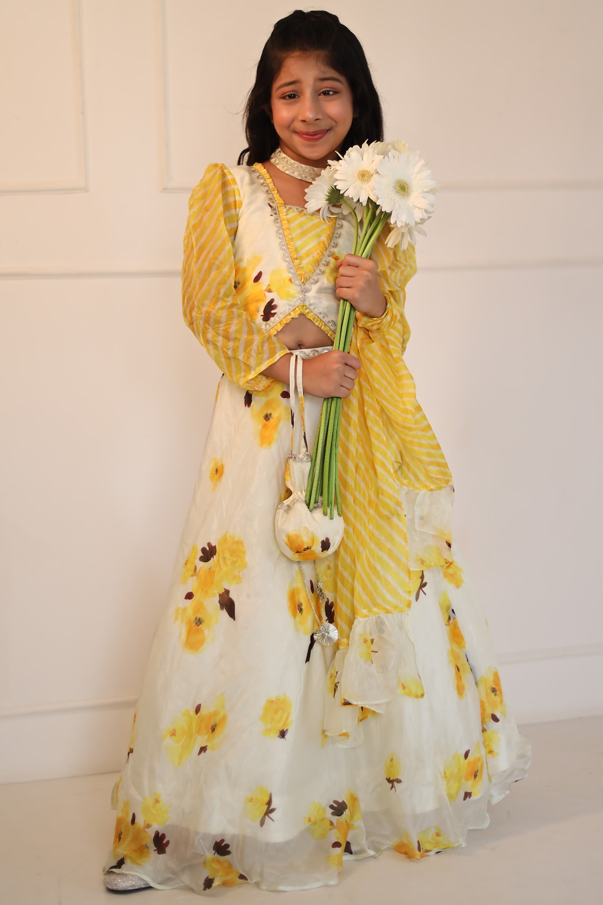 Yellow Off-White Floral Printed Lehenga Set For Girls by Kirti Agarwal  Pret n Couture at Pernia's Pop Up Shop