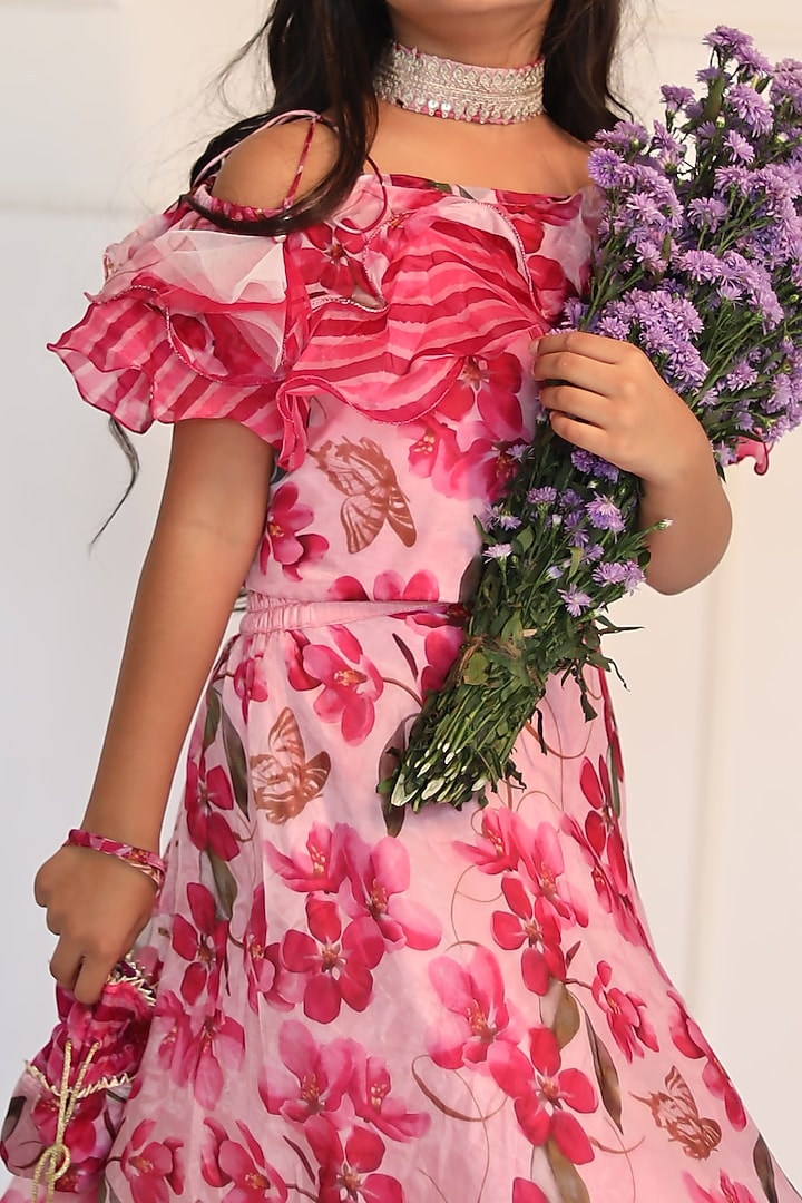 Pink Floral Printed Lehenga Set For Girls by Kirti Agarwal Pret n Couture at Pernia's Pop Up Shop