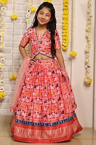 Peach Printed Lehenga Set For Girls by Kirti Agarwal Pret n Couture